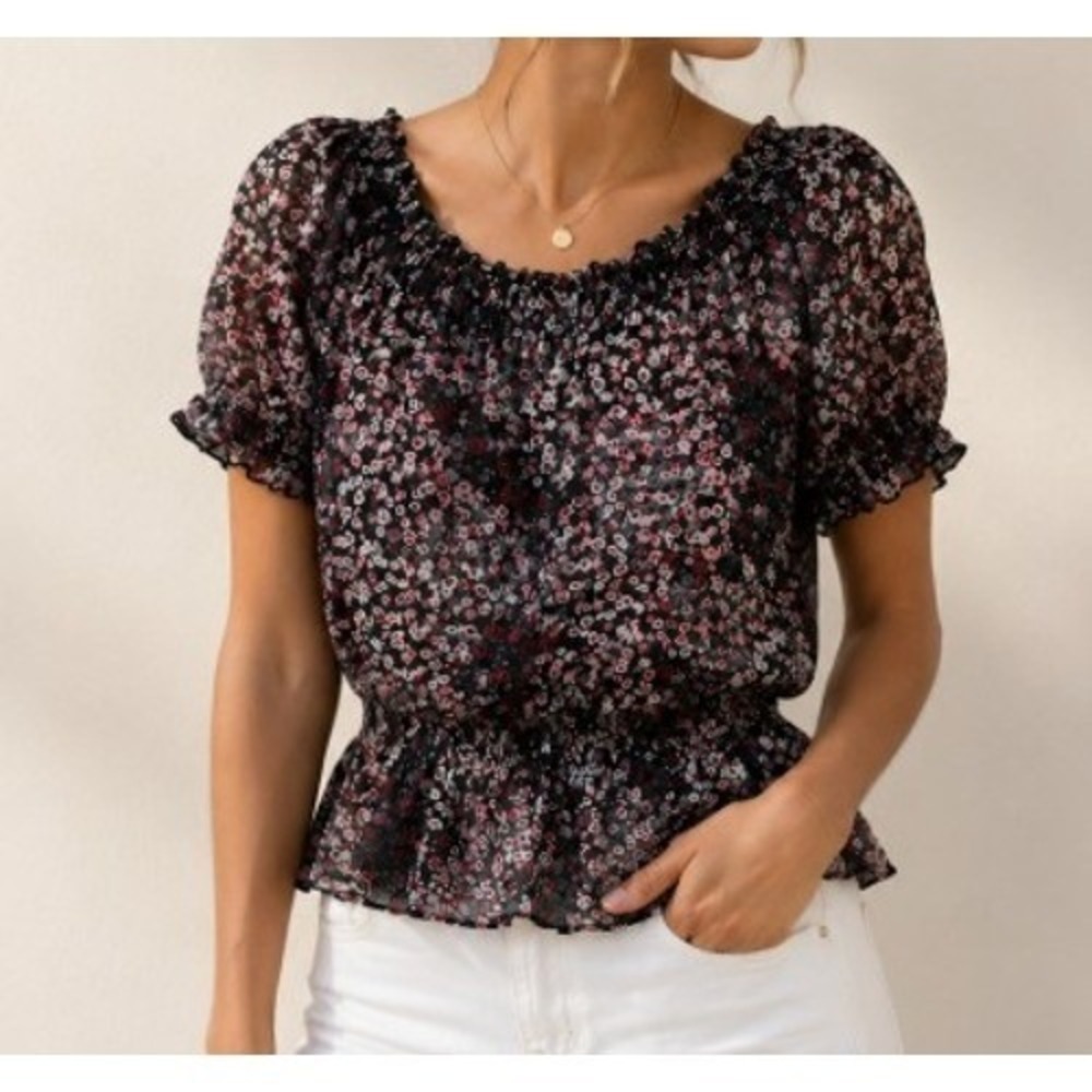 New Directions Women Floral Smocked Peplum Peasant Blouse Black Red Small